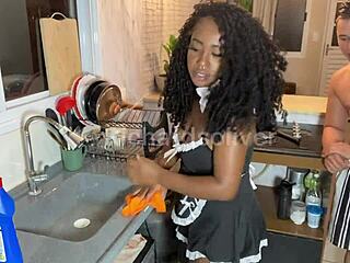 Sexy Latina Employee Brunette Pornstar Fucks Monster Cock on Hair in See Through Outfit, Blowjob and Ass