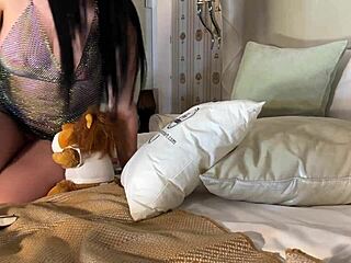 Hot brunette teases guy with big tits in see-through dress