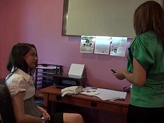 lesbian milf reprimands brunette secretary with scissoring and ass licking