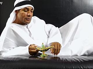 Trans genie daniela marks in crossdressing offers her ass for hung aladdin's bareback anal creampie in interracial gay scene