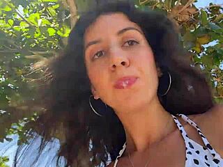 Beautiful Brunette Walks Beach with Cum on Face