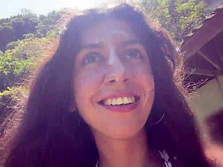 Beautiful Brunette Walks Beach with Cum on Face