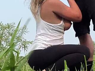 Milf almost caught fucking big tits in public park