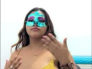 brunette student takes the questionnaire before going to exams she touches her breasts in a sexy way