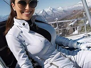 Weekend at ski resort, brunette jerks off in leather 😏