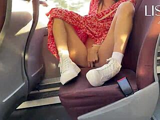 hot woman shows off and touches herself on public bus
