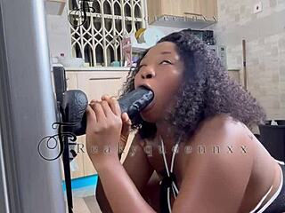 Hot milf camgirl rams 14-inch dildo on kitchen fridge