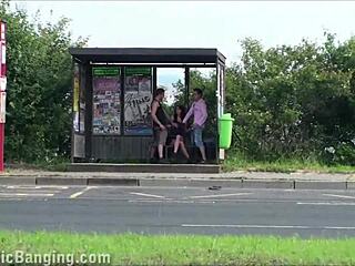 Busty girl gets gangbanged in public threesome by busy highway