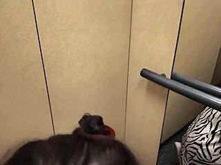 Stepmom flashes big tits during elevator face fucking