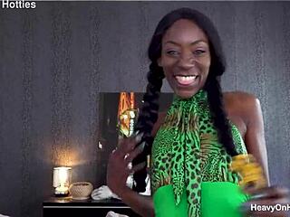 oiled ebony babe enjoys relaxing cum in mouth