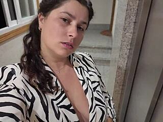 Stepmom flashes big tits during elevator face fucking