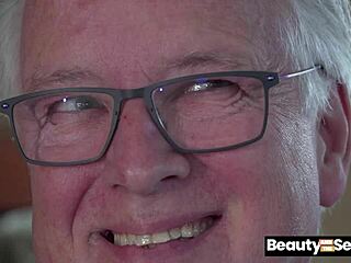 Beautiful girl rides grandpa in emotional deepthroat session