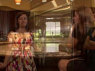 Milf teaches teen nasty lesbian moves on kitchen counter.