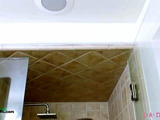 fierce brunette takes shower after casting