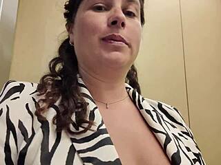 Stepmom flashes big tits during elevator face fucking