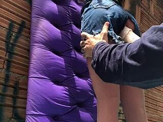 bold amateur latina bends over for intense anal pounding with sex toy doll in public favela outdoor action pushing limits