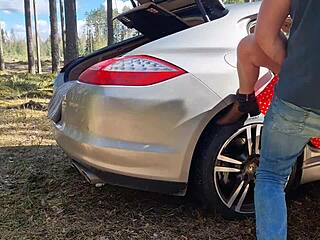 Caught fucking in forest. Muscular bodybuilder drills bent over milf with monster cock outdoors.