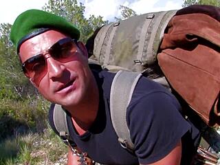 Big boobed brunette daisy rock gets double penetrated in army-themed outdoor scene