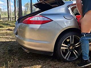 Caught fucking in forest. Muscular bodybuilder drills bent over milf with monster cock outdoors.