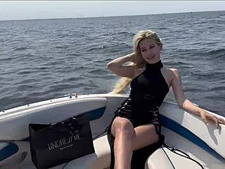 Hot blonde in sexy lingerie passionately fucks captain on boat with deep blowjob