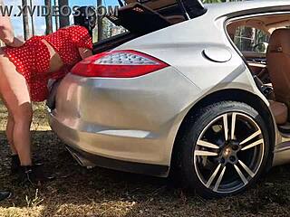 Caught fucking in forest. Muscular bodybuilder drills bent over milf with monster cock outdoors.