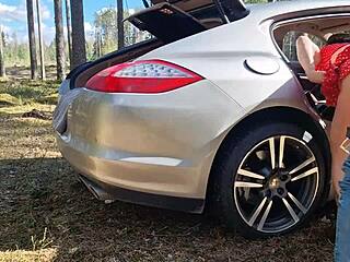 Caught fucking in forest. Muscular bodybuilder drills bent over milf with monster cock outdoors.