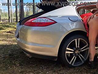 Caught fucking in forest. Muscular bodybuilder drills bent over milf with monster cock outdoors.