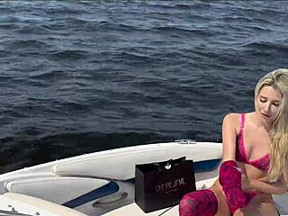 Hot blonde in sexy lingerie passionately fucks captain on boat with deep blowjob