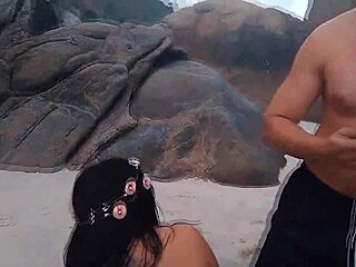 Brunette latina fitness babe flashes and licks big clit on nudist beach during casting