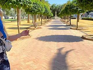 Intense public park encounter with rough fucking pissing and cumshot covering her eyes outdoors