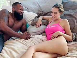 Seductive big tits teen licks and fucks interracial cock!