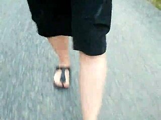 Out in the morning with nylon feet in Birkenstocks