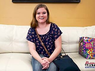 Petite busty brunette coed Lauren gives rimjob before group banging with blonde friend and swallows jizz