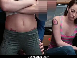 Best Friends Blackmailed and Punished by Mall Officer in Back Room