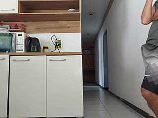 risky kitchen blowjob with latina housewife while husband showers nearby hints at creampie