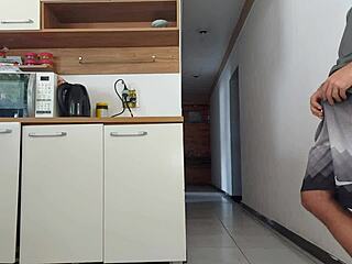 risky kitchen blowjob with latina housewife while husband showers nearby hints at creampie