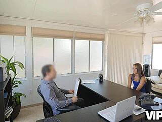 This petite stunner sorts out her cash problems by chatting and connecting in an office session