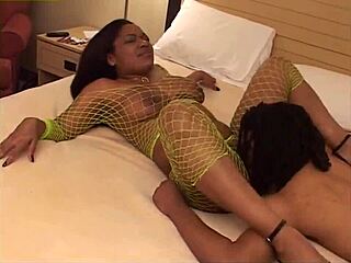 Chubby ebony woman with big tits and fat ass rides big black cock in cowgirl. She takes cum in mouth after hardcore blowjob and missionary fucking.