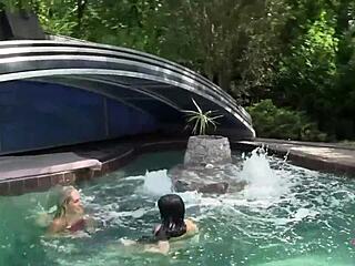 Pretty Blonde And Big Titted Brunette In Pool Lesbian Sex