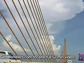Brunette Dream Girl Flashes Big Tits Topless in Convertible on Skyway Bridge?