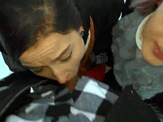 Two Hot Amateur Babes Give Deepthroat Blowjob to Teacher's Cock in Snowy Outdoor Group