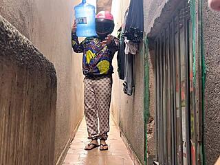 Naughty Wife Greets Water Delivery Guy Naked at Door for Hot Wet Pussy Fuck and Creampie