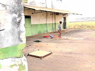 I discovered another thrilling way to enjoy my neighbor in the abandoned garage, surprised by her masturbating her pussy with a dildo