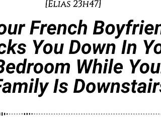 Your French boyfriend teases you with that real accent, moaning softly then slamming hard while family's downstairs, staying quiet for that creampie finish 😏