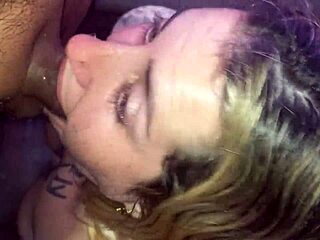 Eye Shot Of Cum Covered Blonde Swallowing And Spitting