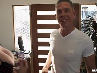 Redhead and brunette in sneaky threesome with cum on tits