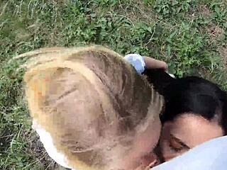 i'm smoking with these sluts as we suck cock in public forest, doing double handjob and swallowing cum in ffm action