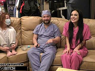 Dominant nurse Blaire Celeste in latex gloves blasts slave's mouth with huge cum load during intense bondage session.