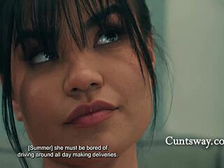 Watch out! Tiny lesbian straps on a cock and pounds that dainty delivery girl's shaved wet cunt hard!