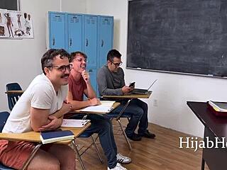 Hijab Milf Teacher Crushed by Students in Intense Classroom 4some